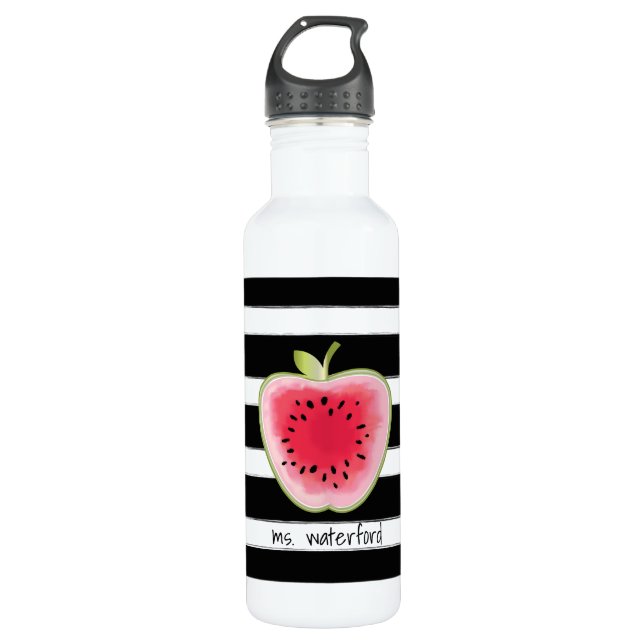 Watermelon Apple Stripes Personalized Teacher Water Bottle (Front)