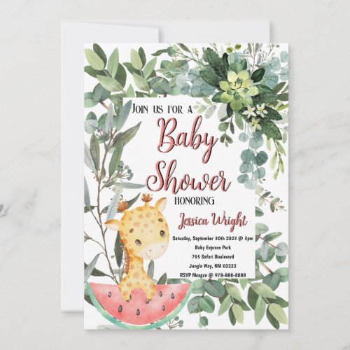 Watermelon Baby Giraffe Watercolor Baby Shower Invitation