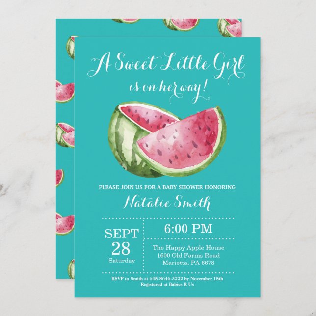 Watermelon Baby Shower Teal Aqua Turquoise Invitation (Front/Back)