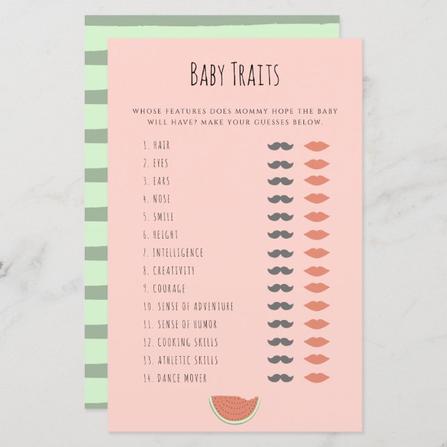 Watermelon Baby Traits Shower Game Advice Cards (Front/Back)
