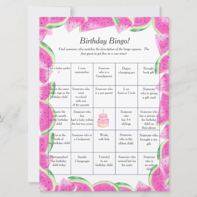 Watermelon  Birthday Find Guest Bingo game card (Front)