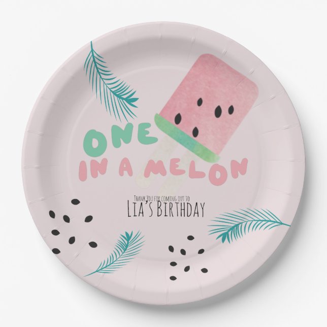 Watermelon Birthday Girl / One in a Melon Pink Paper Plates (Front)