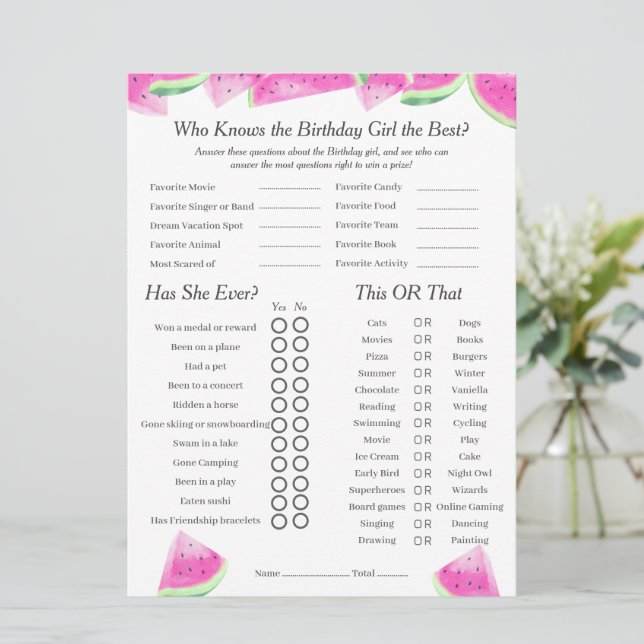 Watermelon Birthday girl Trivia Trio Game card (Standing Front)