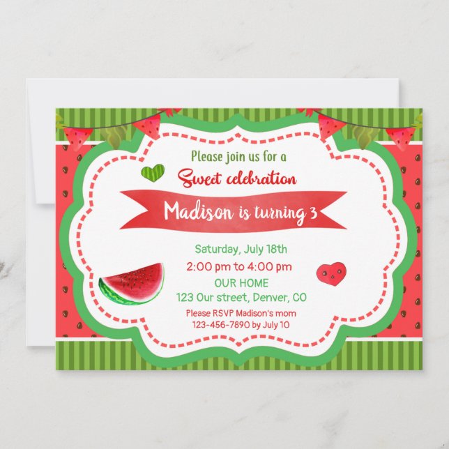 Watermelon birthday invitation 1st birthday party (Front)