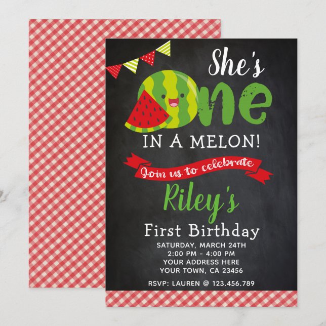 Watermelon Birthday Invitation, Chalkboard Invitation (Front/Back)