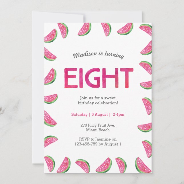 Watermelon Birthday invitation for 8th Birthday (Front)