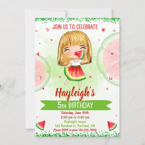 Watermelon birthday invitation Girl sweet party