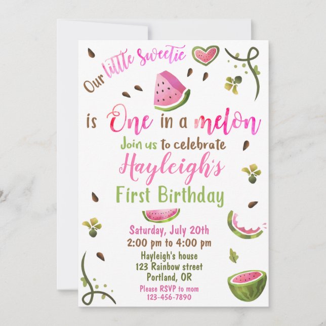 Watermelon birthday invitation One in a melon girl (Front)