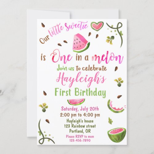 Watermelon birthday invitation One in a melon girl