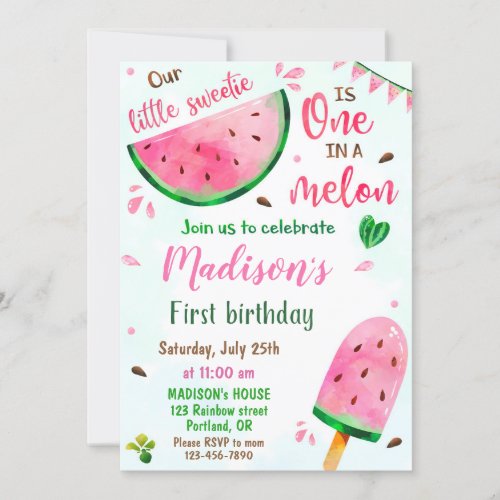 Watermelon birthday invitation One in a melon girl