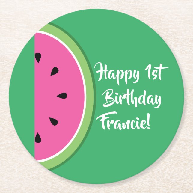 Watermelon Birthday Party Round Paper Coaster (Front)