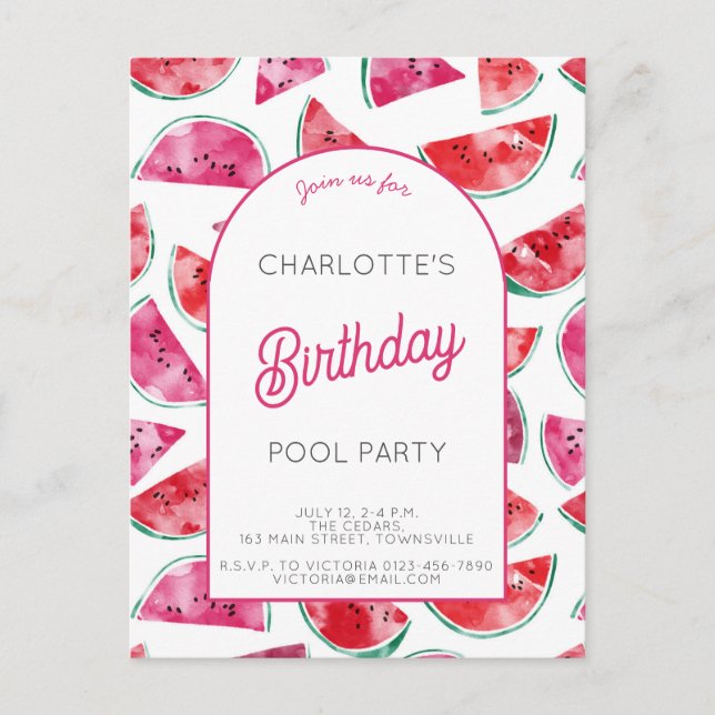 Watermelon Birthday Pool Party Postcard (Front)