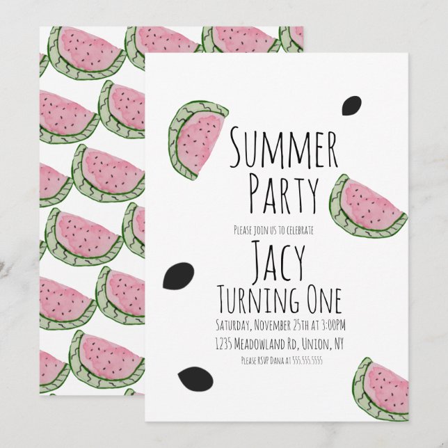 Watermelon Birthday Watercolor Summer Seeds Invitation (Front/Back)