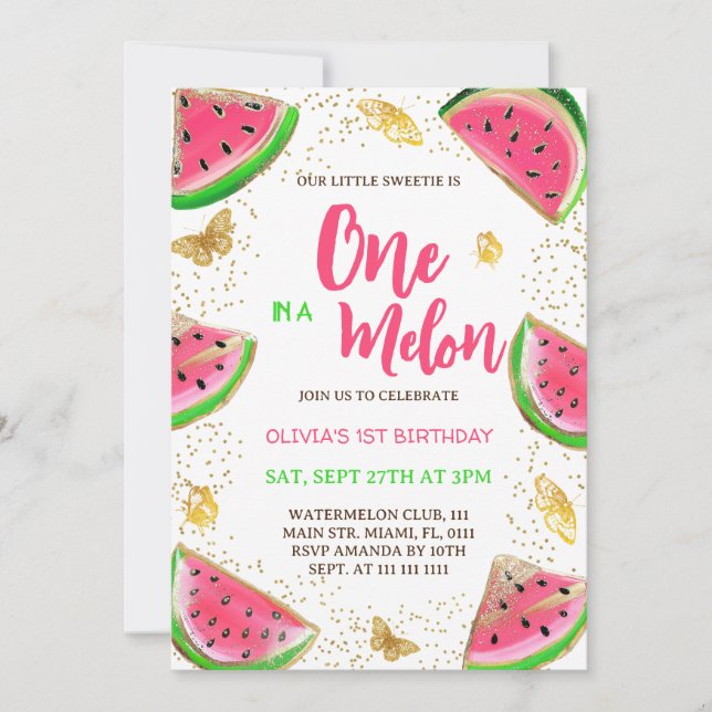 Watermelon Butterflies Girl 1st Birthday  Invitation (Front)