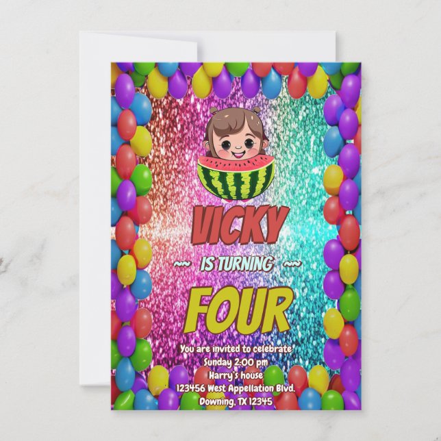 Watermelon cartoon birthday invite for kids (Front)