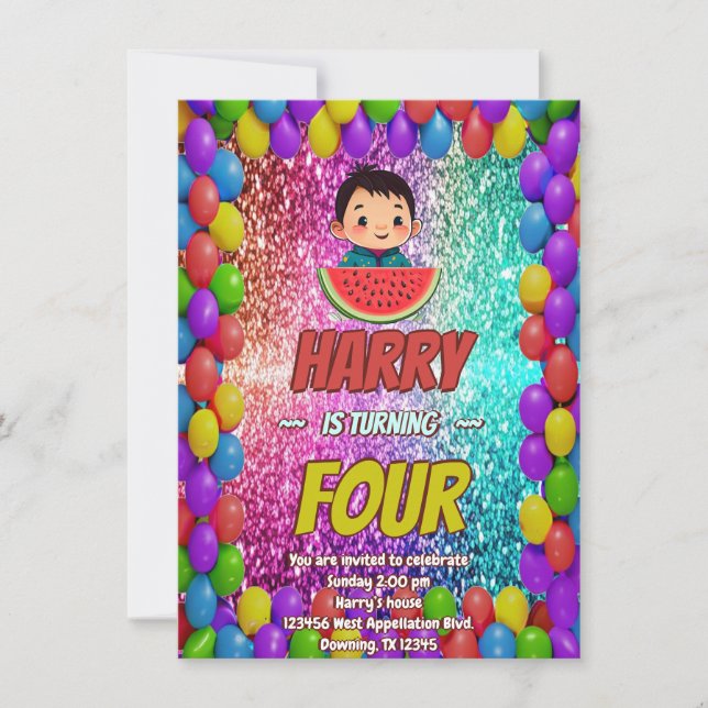 Watermelon cartoon birthday invite for kids (Front)