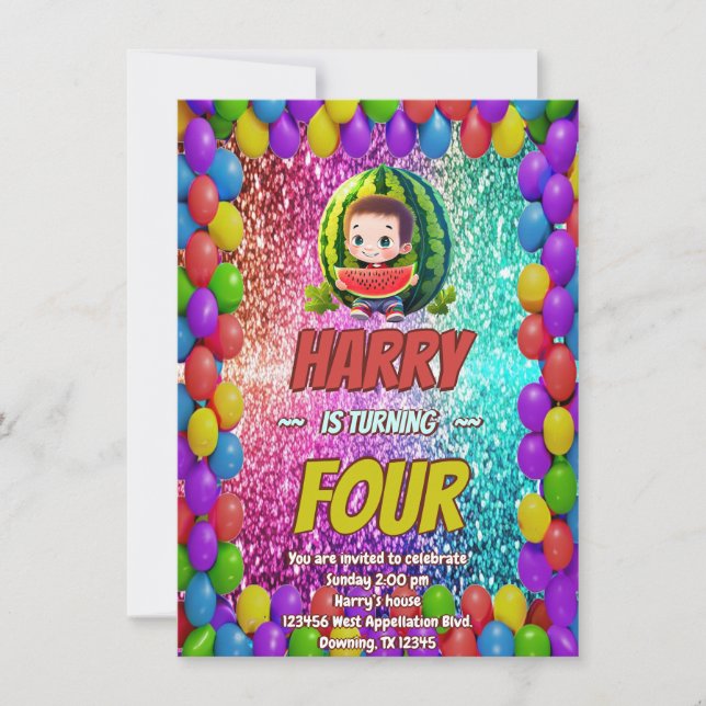 Watermelon cartoon birthday invite for kids (Front)