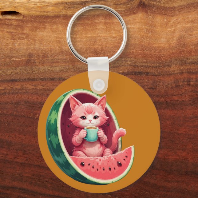 Watermelon Cat Coffee Break Keychain (Front)