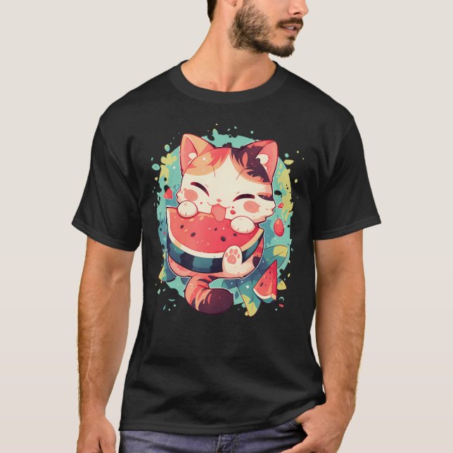 Watermelon Cat Colourful Artwork Watermelon Fruit T-Shirt (Front)