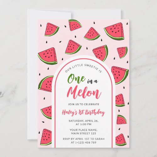 Watermelon Cute One in a Melon 1st Baby Birthday Invitation