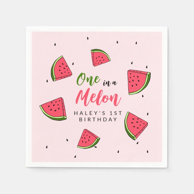 Watermelon Cute One in a Melon 1st Baby Birthday Napkins (Front)