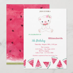 Watermelon,Cute Teddy Bear Summer Party Birthday  Invitation