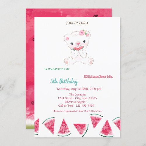 WatermelonCute Teddy Bear Summer Party Birthday  Invitation