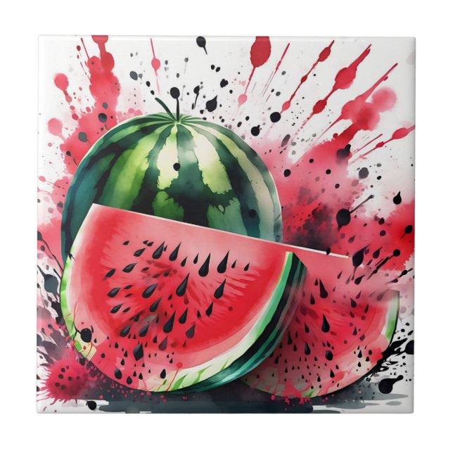 Watermelon Explosion Watercolor Ceramic Tile (Front)