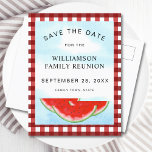 Watermelon Family Reunion Save The Date Announcement Postcard<br><div class="desc">Are you planning a family reunion?
Let your family know the date with these Save the Date postcards.
They are decorated with watercolor watermelons and blue sky on a red and white buffalo check background.
Easily customizable.
Original Watercolor © Michele Davies.</div>