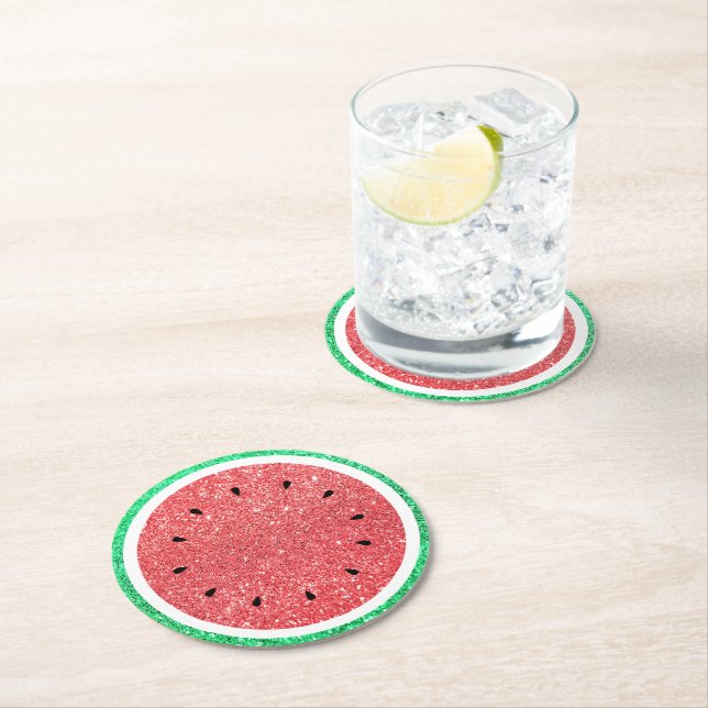 watermelon FAUX glitter Round Paper Coaster (Insitu)