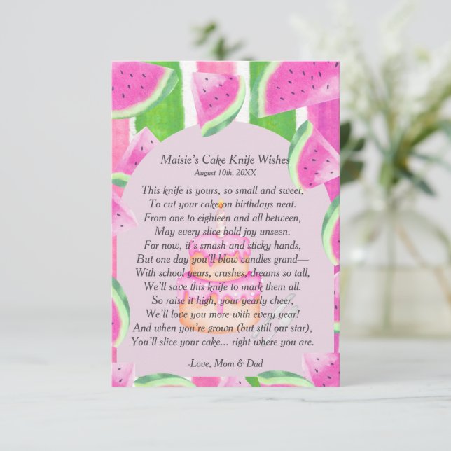 Watermelon First Birthday Cake Knife Poem  Invitation (Standing Front)