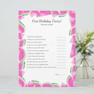 Watermelon First Birthday Trivia game card
