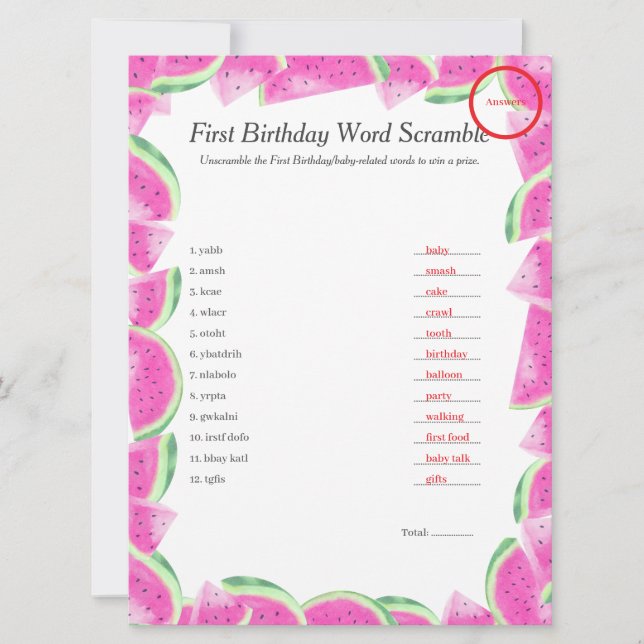 Watermelon First Birthday Word Scramble Answer Key Holiday Card (Front)