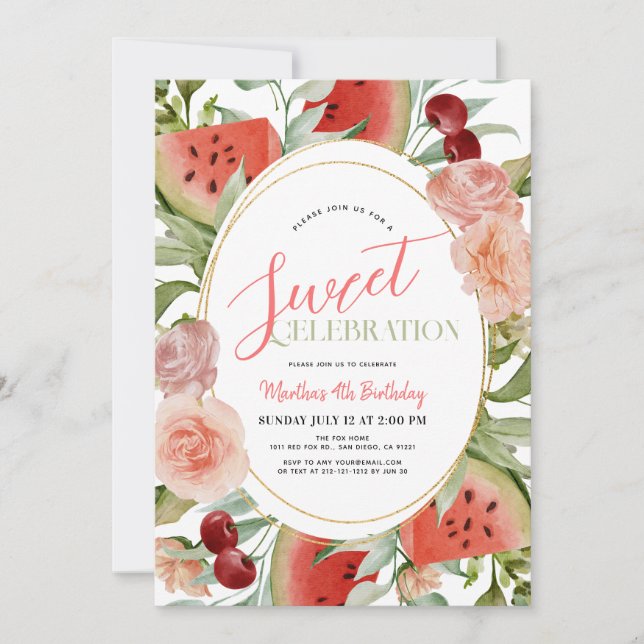 Watermelon Floral Sweet Celebration Girl Birthday Invitation (Front)