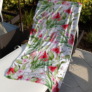 Watermelon Floral Tropical Summer Monogram Beach Towel