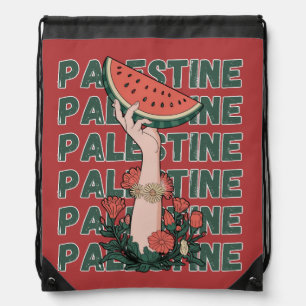 watermelon, flowers, and palestine text Repeat Drawstring Bag