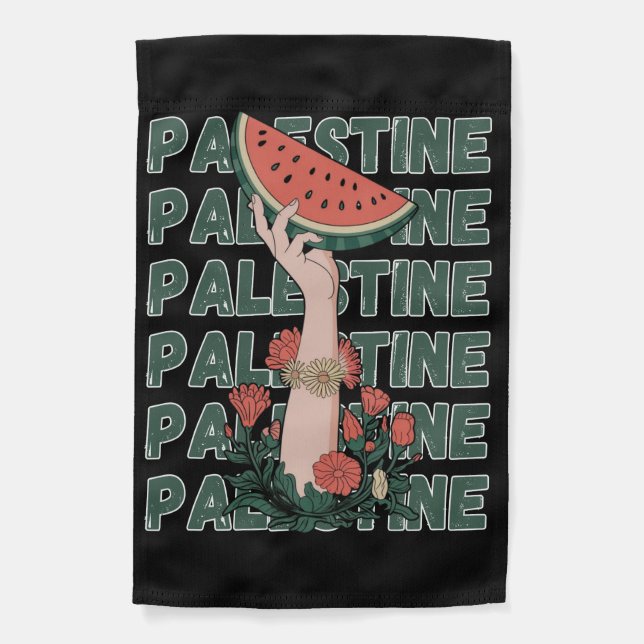 watermelon, flowers, and  palestine text Repeat  Garden Flag (Front)
