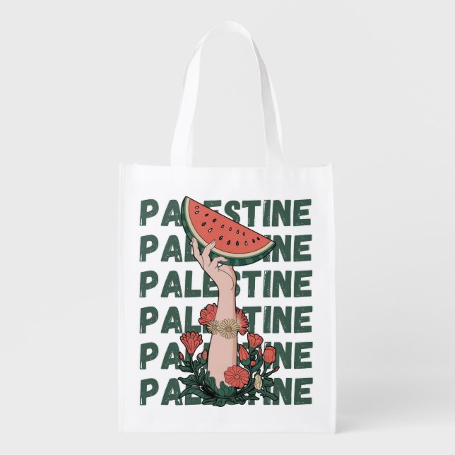 watermelon, flowers, and  palestine text Repeat  Grocery Bag (Front)