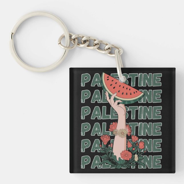 watermelon, flowers, and  palestine text Repeat  Keychain (Front)