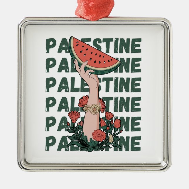 watermelon, flowers, and  palestine text Repeat  Metal Ornament (Front)