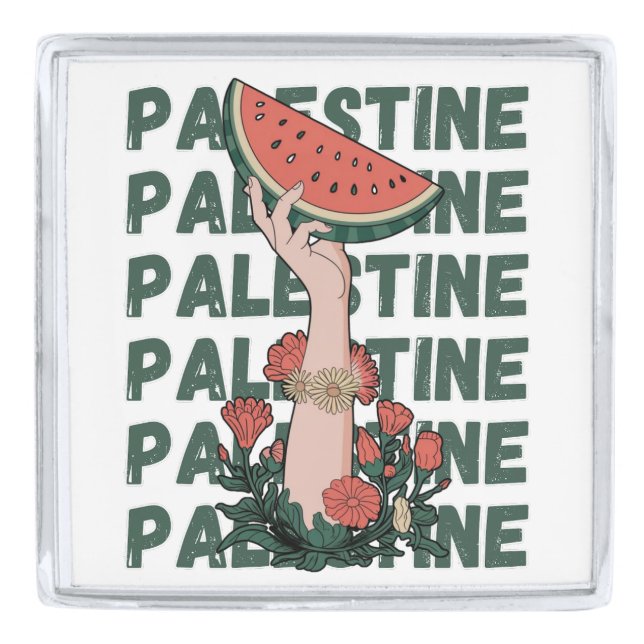 watermelon, flowers, and  palestine text Repeat  Silver Finish Lapel Pin (Front)