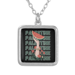watermelon, flowers, and palestine text Repeat Silver Plated Necklace