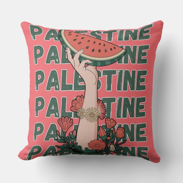 watermelon, flowers, and  palestine text Repeat  Throw Pillow (Front)