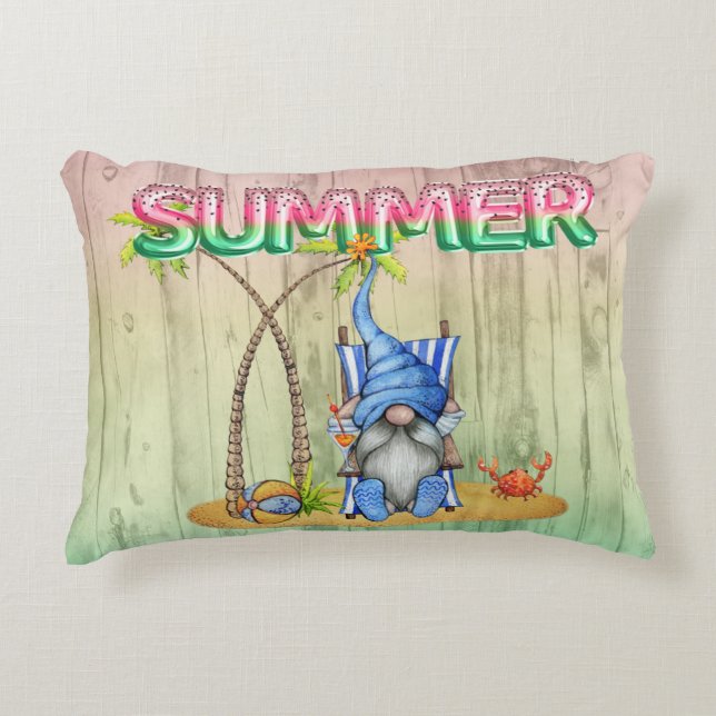 Watermelon Foil Balloons And Beach Gnome With Palm Accent Pillow (Front)