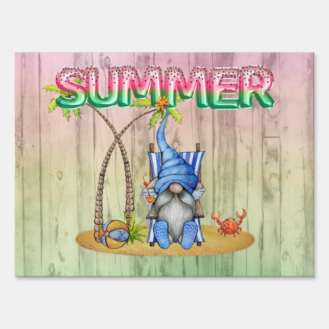 Watermelon Foil Balloons And Beach Gnome With Palm Sign (Back)