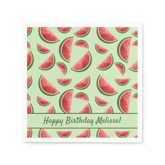 Watermelon Fruit Pattern On Green Happy Birthday Napkins