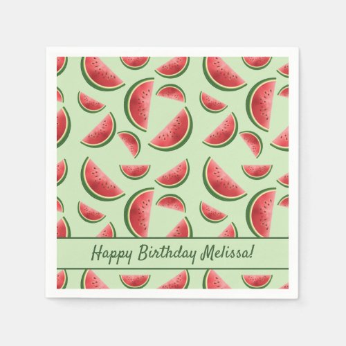 Watermelon Fruit Pattern On Green Happy Birthday Napkins