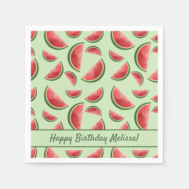Watermelon Fruit Pattern On Green Happy Birthday Napkins (Front)