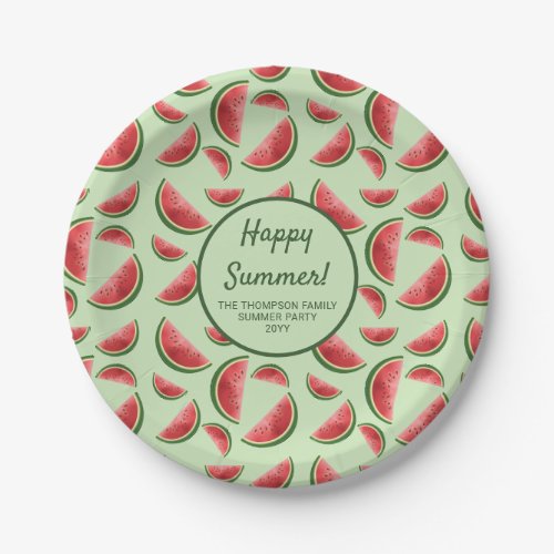 Watermelon Fruit Pattern On Green Summer Party Paper Plates