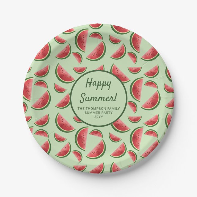 Watermelon Fruit Pattern On Green Summer Party Paper Plates (Front)